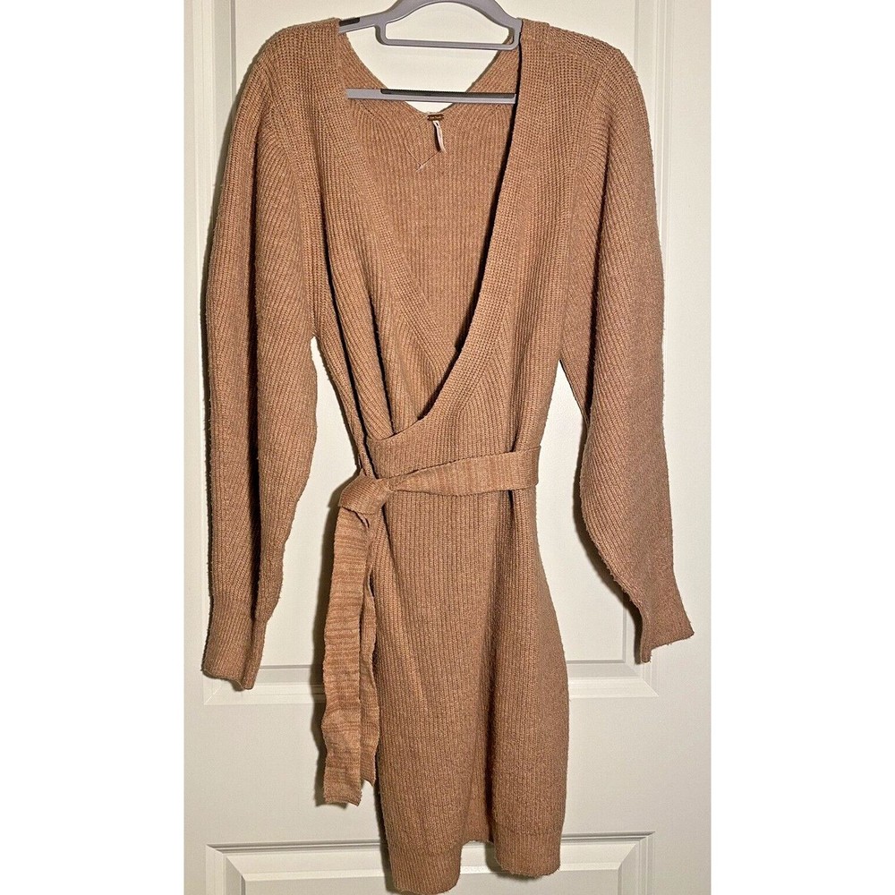 Free People‎ Sienna Pink Wrap Knit Belted Sweater Dress Large NWOT